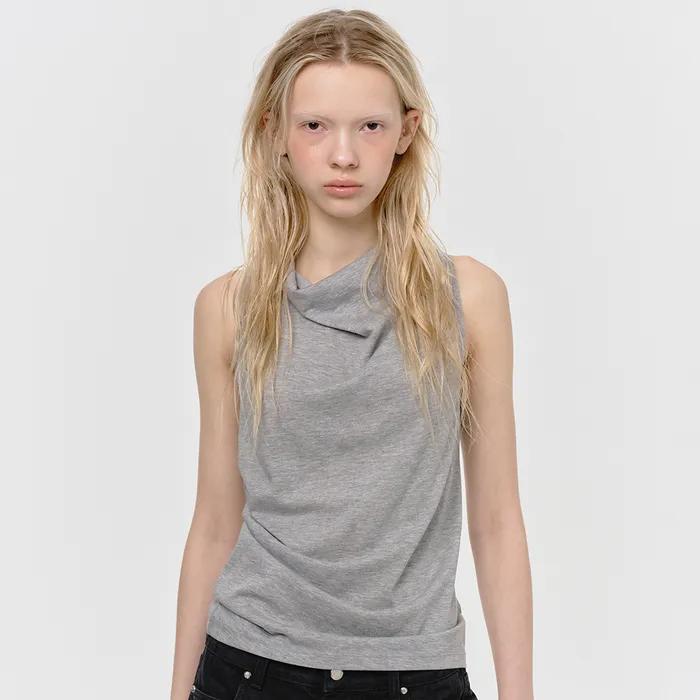 PIN TUCK HALTER NECK SLEEVELESS TOP, GRAY