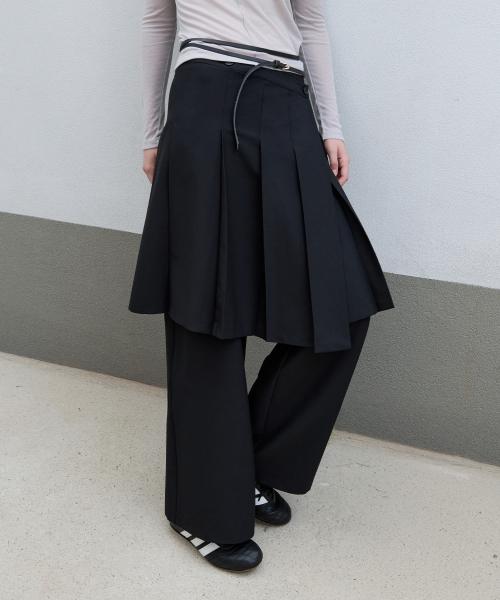 LAYERED PLEATS SKIRT PANTS BLACK