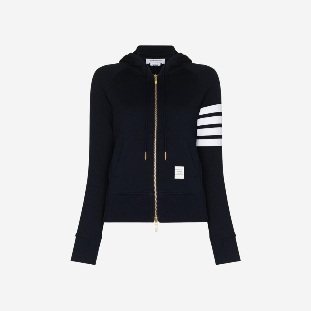 (W) Thom Browne Loopback Jersey Knit Engineered 4-Bar Stripe Zip Up Hoodie Navy