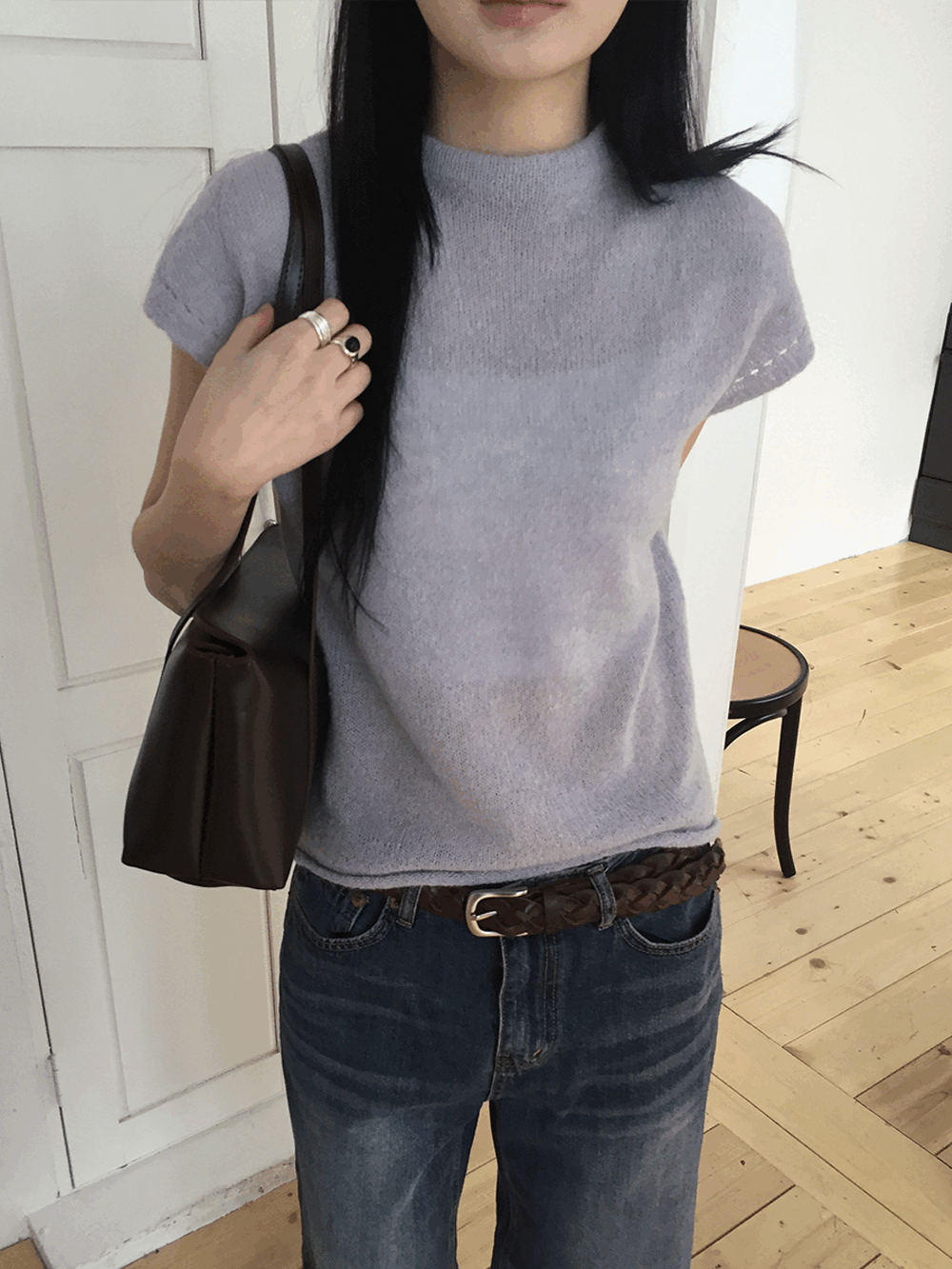 하우유 니버 루즈핏 반목 하프 니트(sky blue)