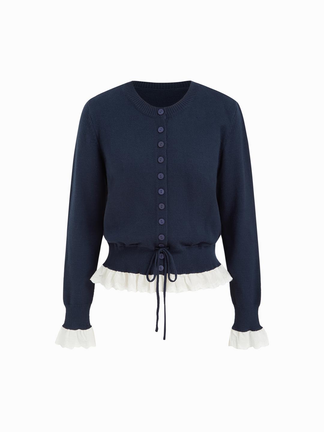 Knit Two Tone Ruffle Trim Drawstring Knotted Cinched Waist Cardigan