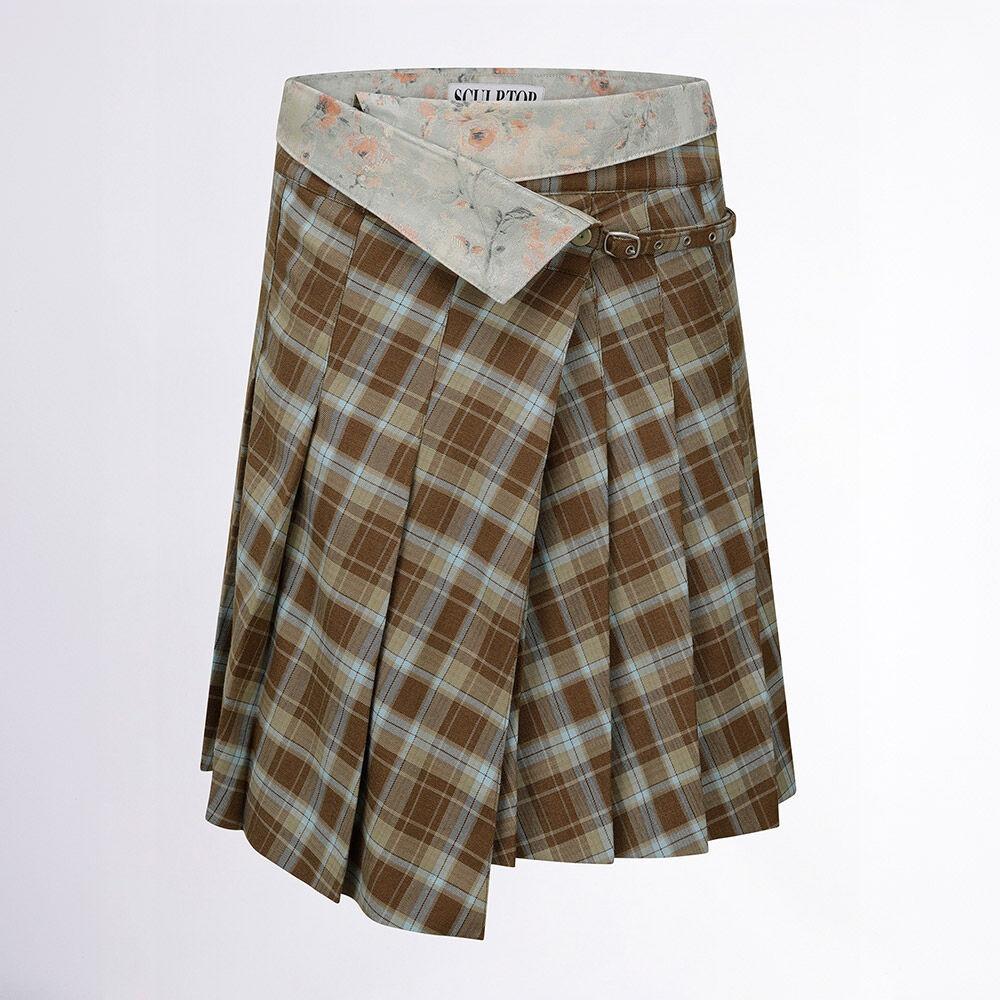 Folded Waist Plaid Skirt Blue Check