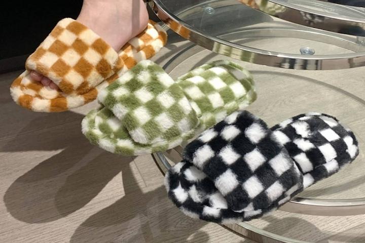 3colors 체커보드 극세사 털슬리퍼 겨울 실내화 3size