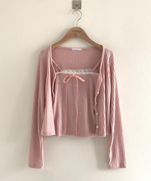 (Vintage)Ribbon Sleeveless Top Cardigan Set(Pink)