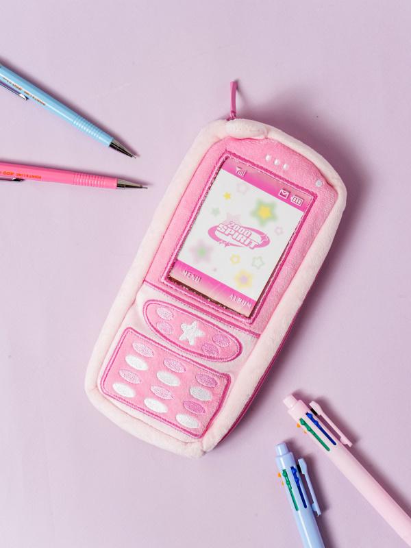 Y2K 투명창 봉제 필통 핑크