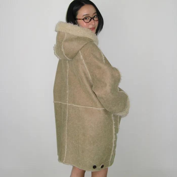 FUR HOODED BUTTON FAUX SUEDE COAT BEIGE