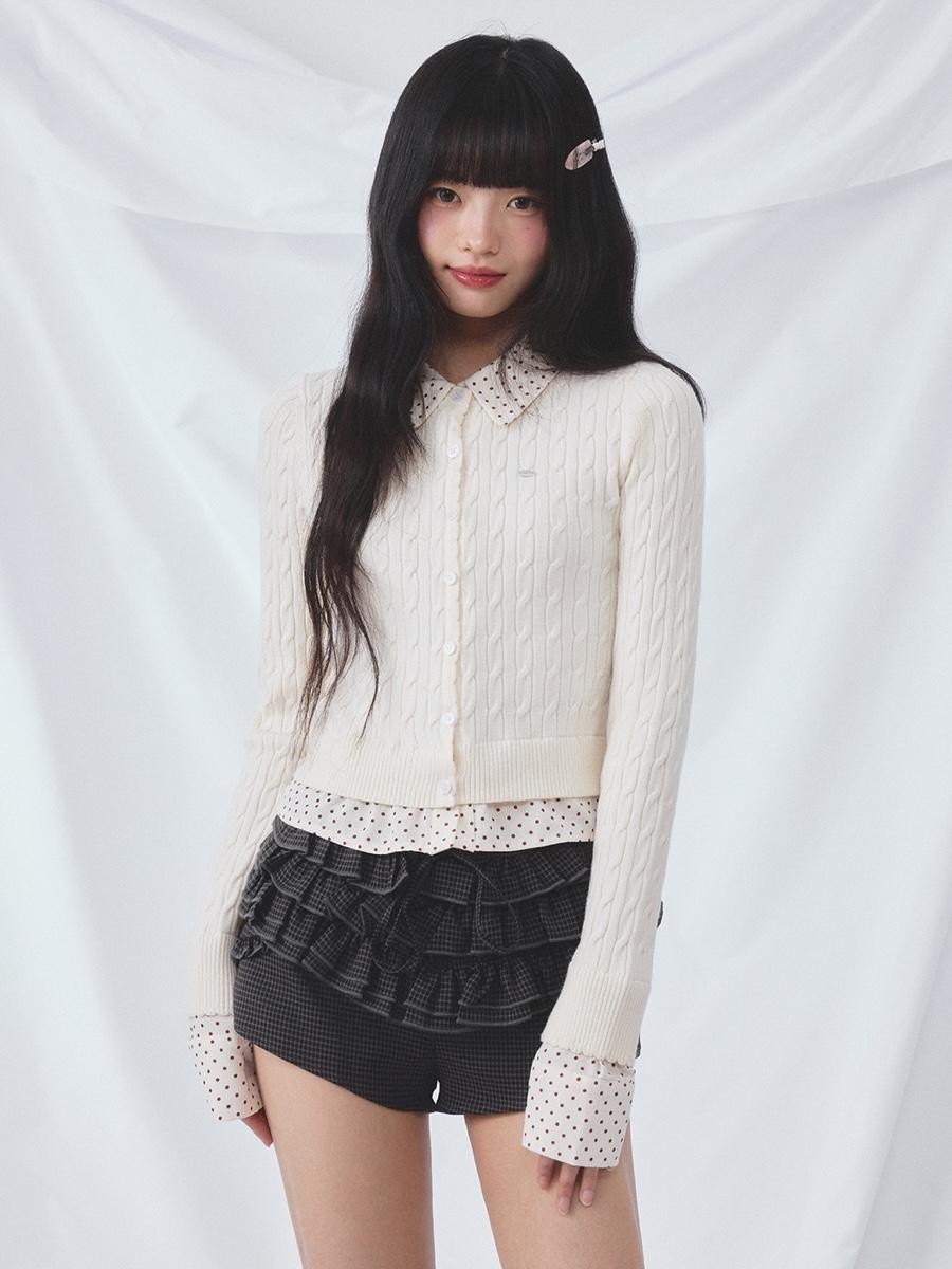 Weekendhub Dot Shirt Patchwork Cable Cardigan