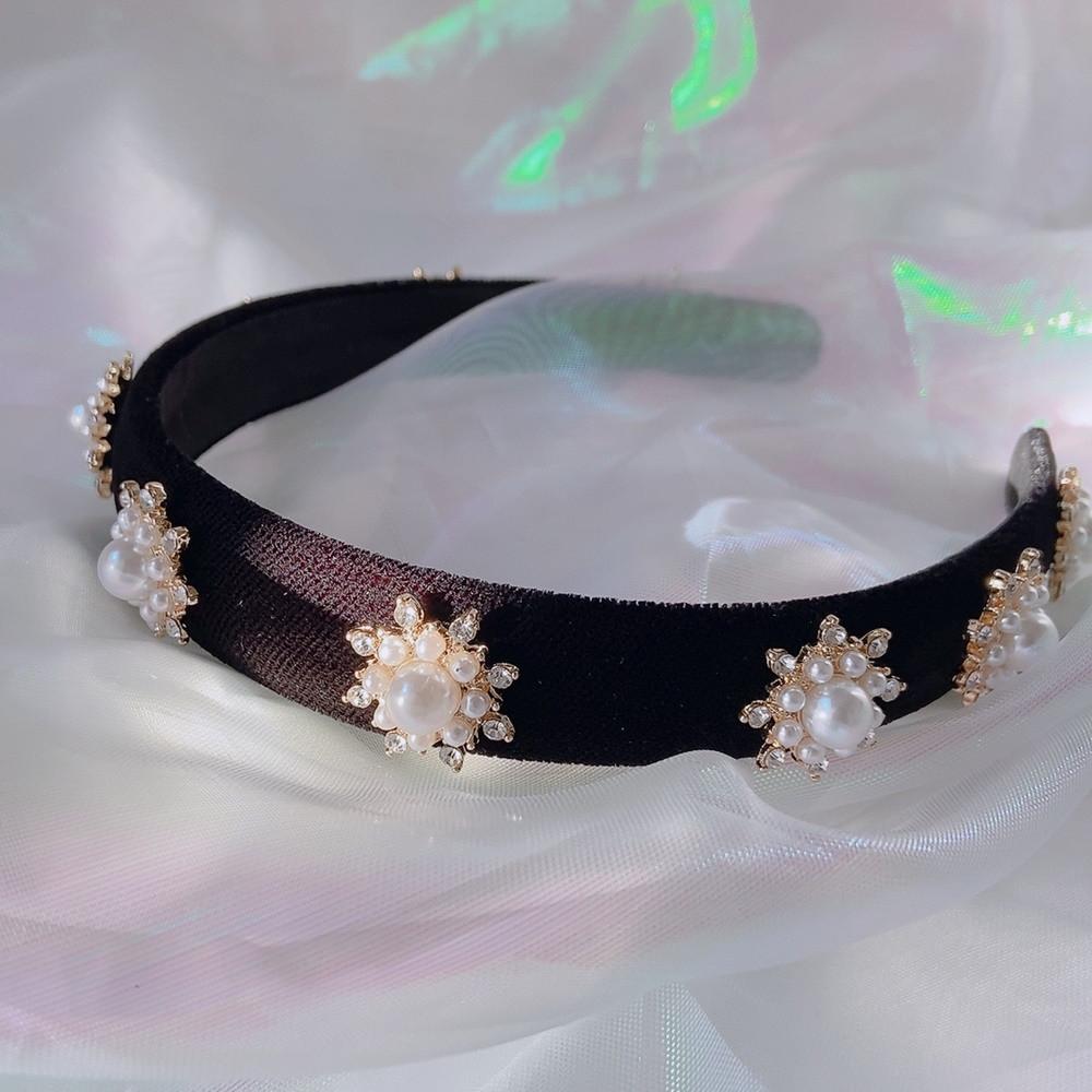 눈꽃 큐빅 진주 블랙 벨벳 머리띠 헤어밴드