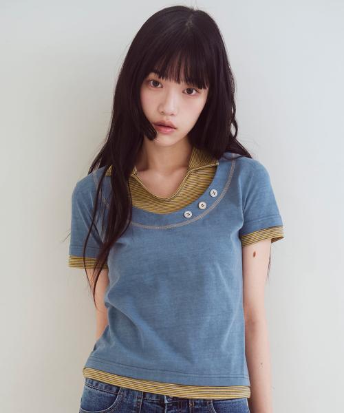 Stripe Layered Collar T-Shirts, Navy