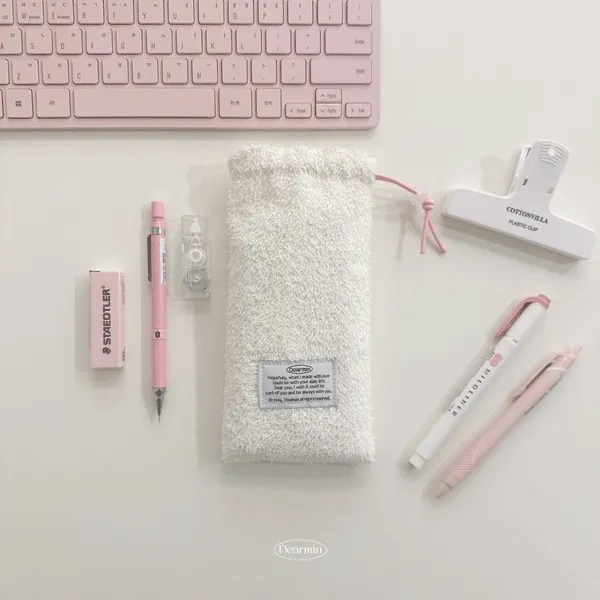 테리 스트링 스토퍼 펜케이스 파우치 필통 (ivory/pink)