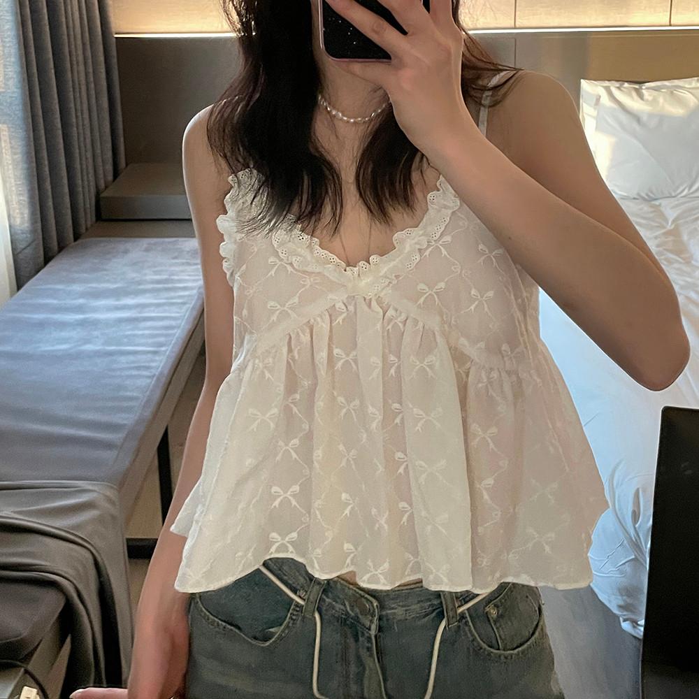 레이스 리본 스트랩 러플 블라우스