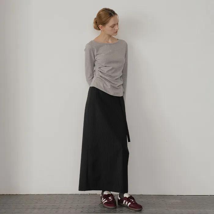 Stripe H-line maxi belted skirt [KNSS05SK02]_Black