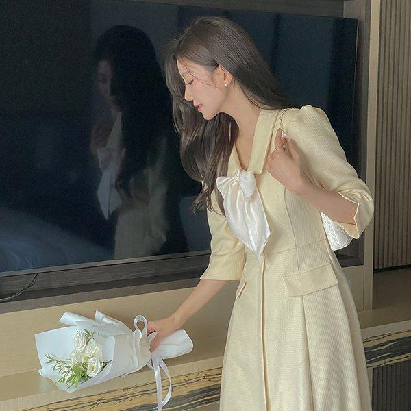 배색 리본 A라인 트위드 원피스