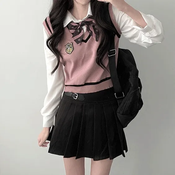 🤍재진행🤍 [하이틴set/리본증정] 와펜 일체형 니트조끼 셔츠 니트 + 더블 벨트 플리츠 A라인 미니 스커트 스쿨룩 투피스 코디세트