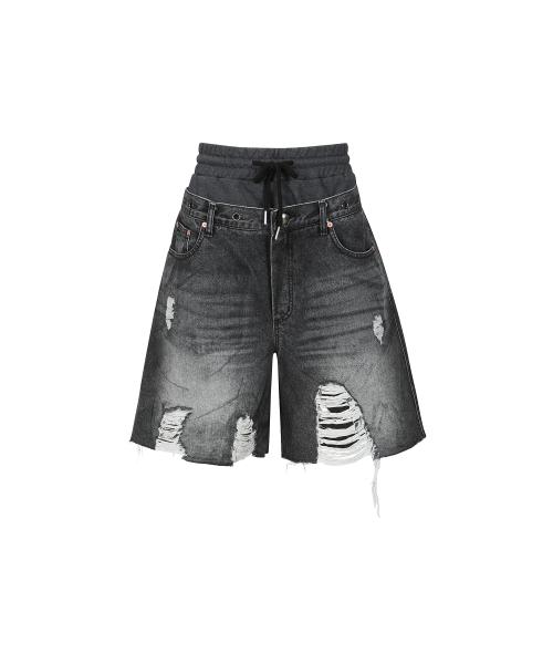 데니 스웻 웨이스트 데미지 쇼츠 apa718w(WASHED BLACK)