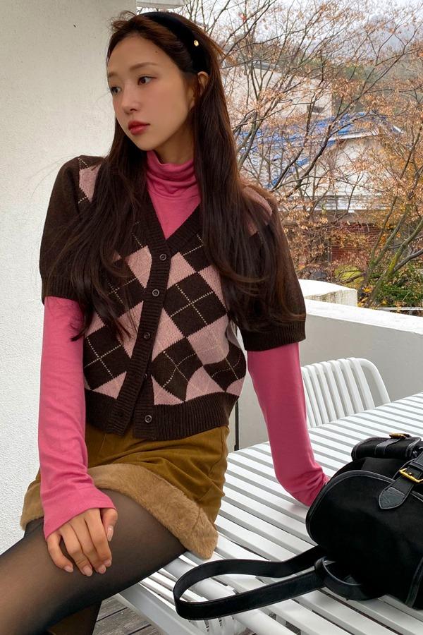 아가일 니트 반팔 가디건