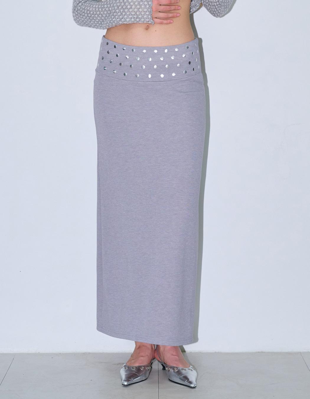 STUDDED WAIST MAXI SKIRT, GREY