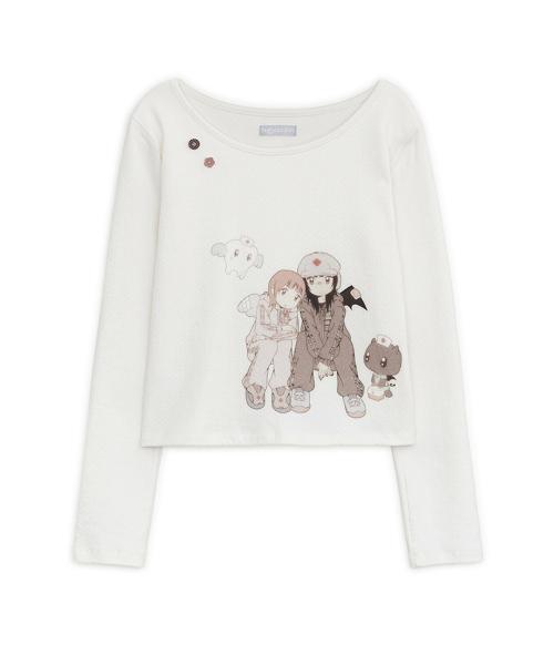 HUGYOURSKIN X JUBA 프린트 버튼 탑 (화이트)