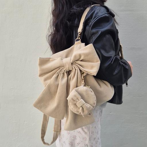 플라뇌르 리본 미니 백팩 코듀로이 샌드베이지/피치핑크