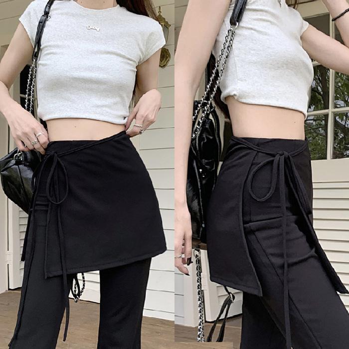 큐티팝 🖤2pcs🖤 [팬츠+랩스커트] 유니크 레이어드 랩 스커트 부츠컷 팬츠 // Y2K 데일리 편안한 스판감 힙커버 랩 스커트 부츠컷 나팔바지 팬츠 세트 (HI~149)