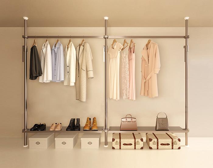 [Autopole] 2칸 행거 - 1단 크로스바 2개 + 1단 선반 2개 (190cm / 205cm / 220cm / 240cm / 260cm / 285cm / 312cm )