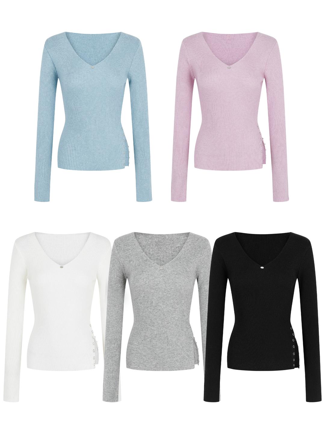 Side Slit V-Neck Ribbed Knit T