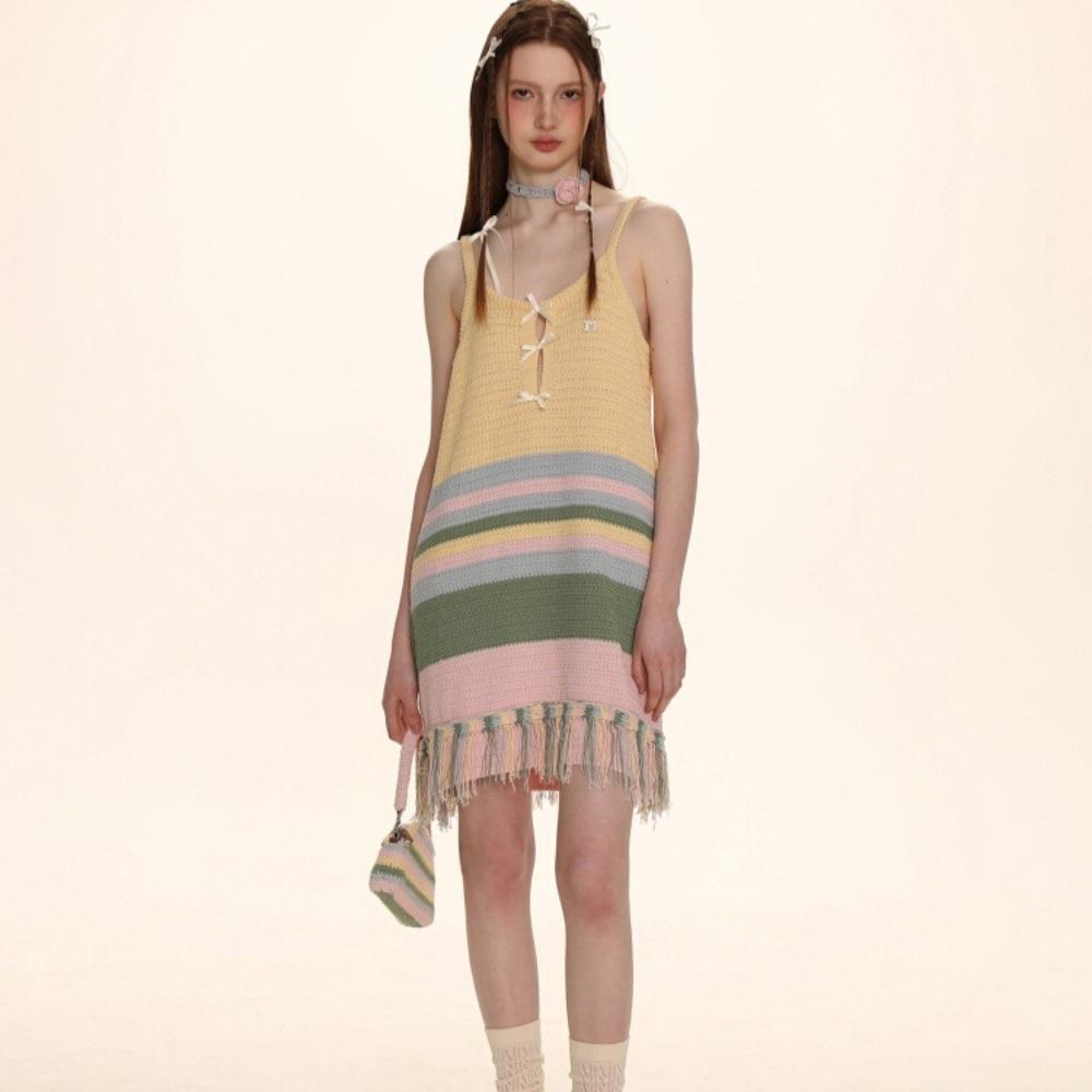 MOROMORO2 모로모로 니트원피스 민소매 스트라이프 태슬 크로셰 원피스