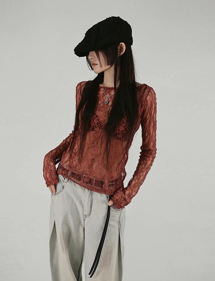 THE FLOWER SEE-THROUGH LACE LONG-SLEEVED T  더 꽃 시스루 레이스 긴팔티 (4COLORS)