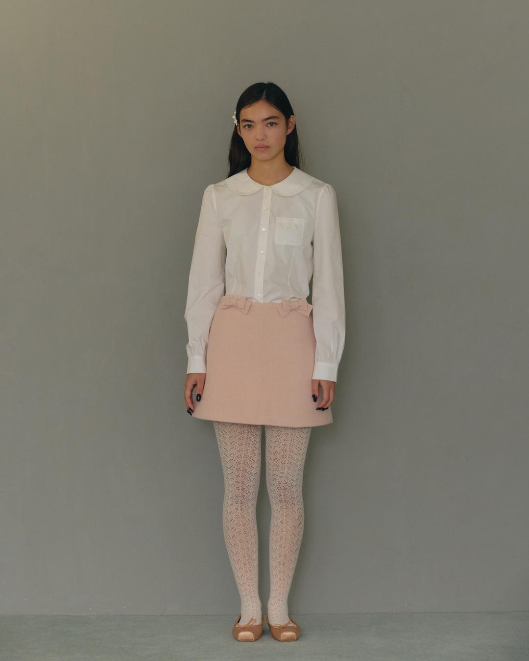 Double Ribbon Wool Mini Skirt(Light Pink)
