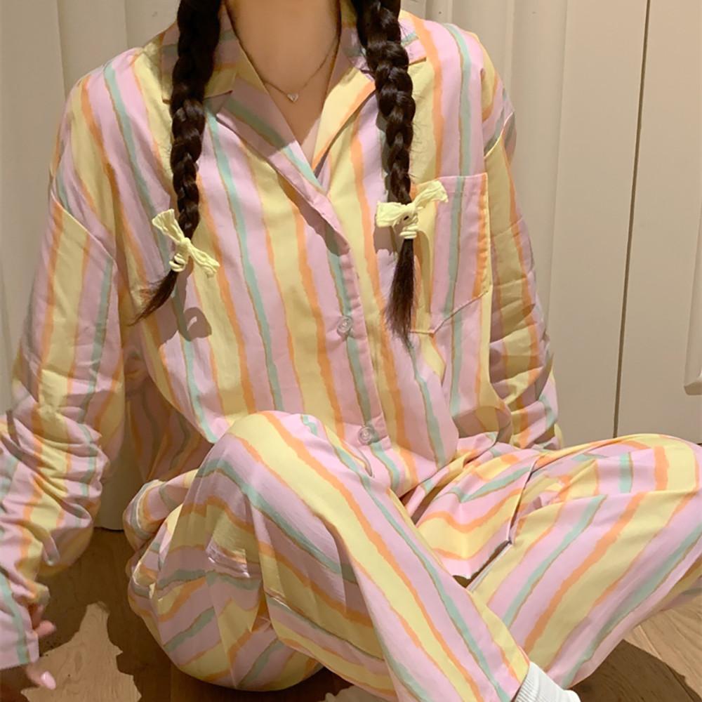 티티리 마카롱 무지개 스트라이프 줄무늬 홈웨어 여성 봄 가을 긴팔 파자마 선물 수면 잠옷