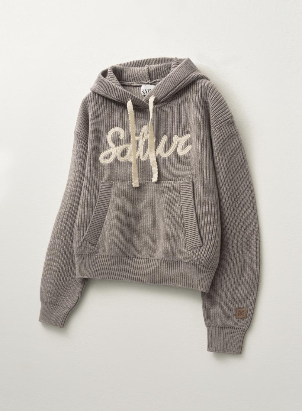 (W) Applique Logo Cashmere Blend Hood Knit - Taupe Brown
