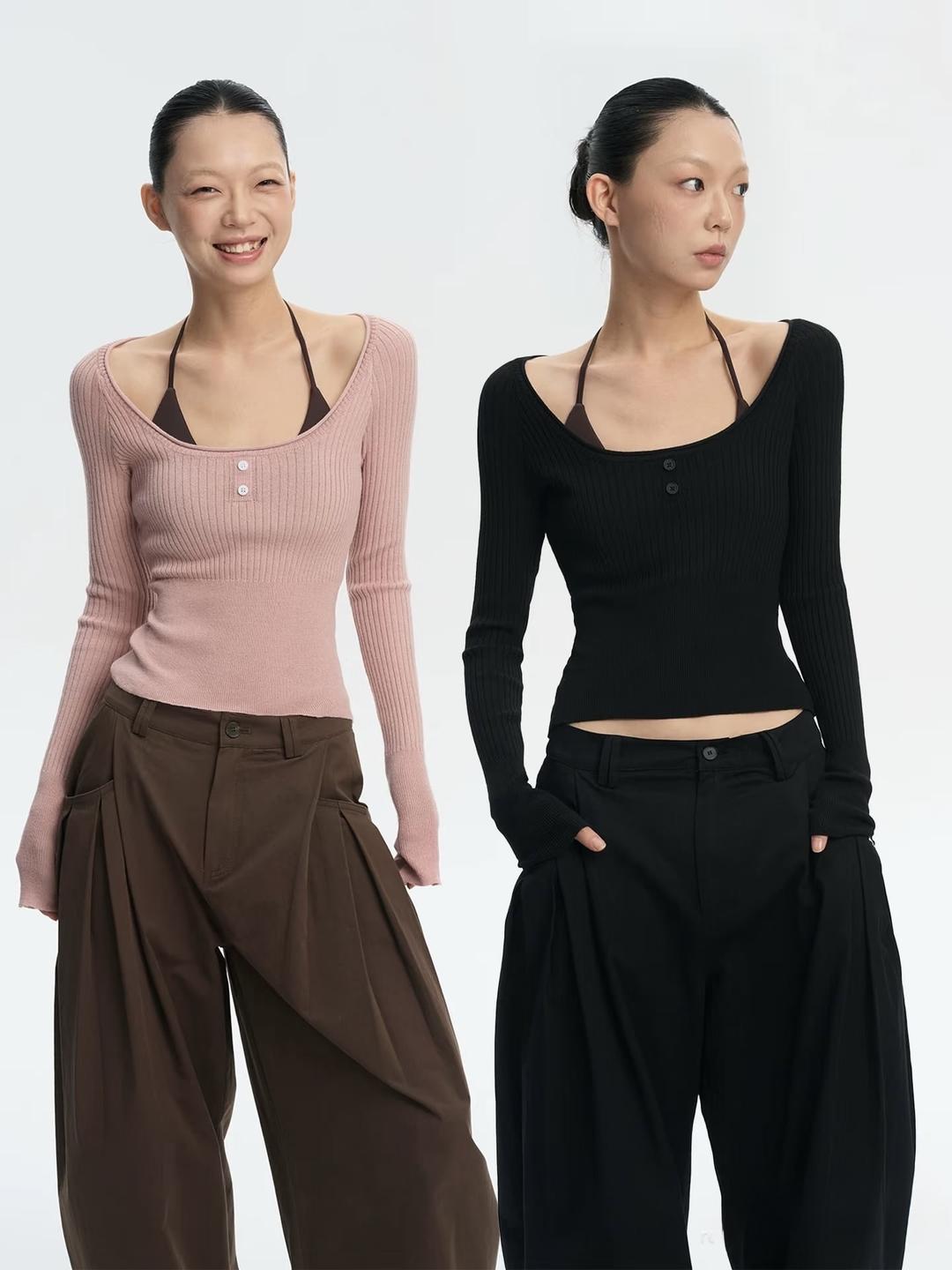 LINY LIBERTY Wide Deep Round Neck Crop Knit