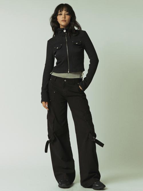 크로스 카고 배색 가디건 - 차콜