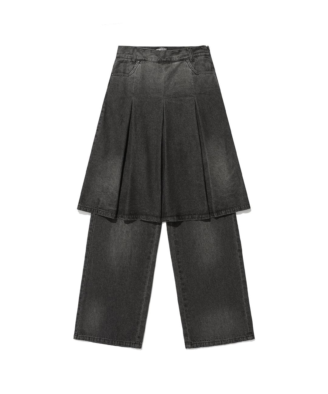 DENIM PLEATS LAYERED SKIRT PANTS[BLACK]