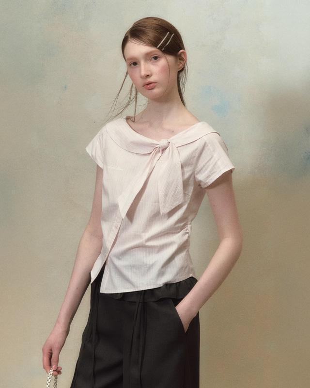 [LOLOL] Asymmetric Collar Short-Sleeve Blouse