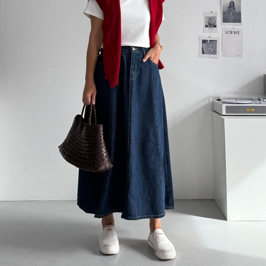 흑청 제작 모드 다리길어보이는 데님 절개 플레어 롱스커트 청치마