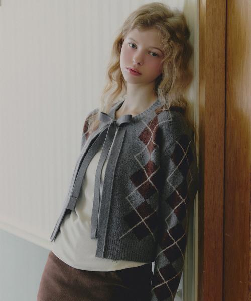 베온 아가일 리본 니트 긴팔 가디건