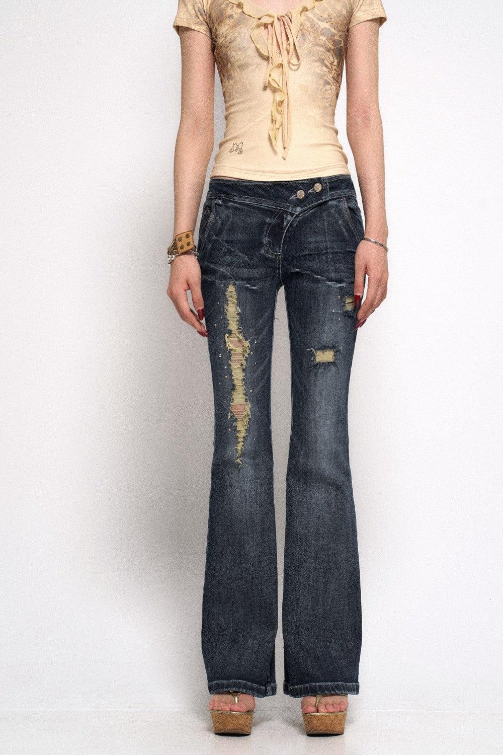 Ripped Distressed Dark Flare Denim Jeans
