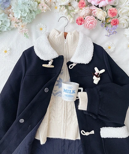 드윗 퍼 카라 네이비 모직 코트