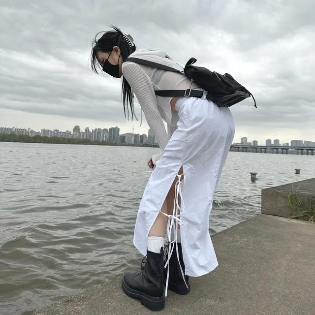 롱슬릿 더블리본 사이드 스트링 뒷밴딩 A라인 롱스커트