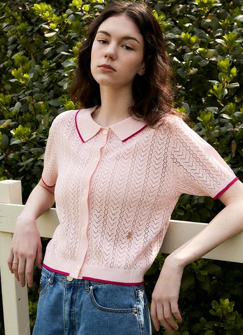 LINE POINT PUNCHING HALF SLEEVE COLLAR CARDIGAN_PINK