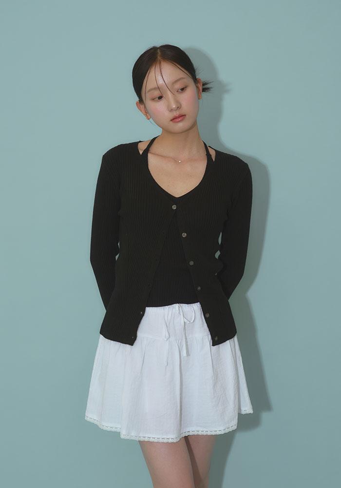 HALTER NECK RIBBED CARDIGAN & SLEEVELESS SET-BLACK