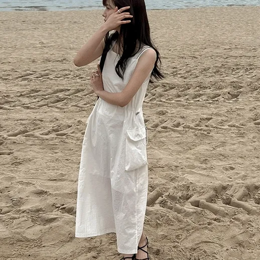 [나일론/슬리브리스] 라테오 바스락 끈 나시 카고 레이어드 멜빵 원피스 - 2color