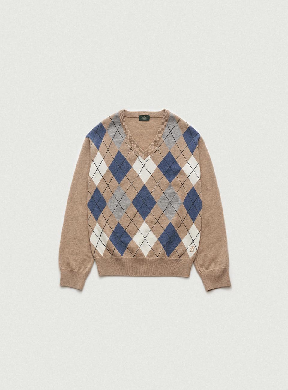 Beige Stewart Argyle V-Neck Knit Sweater