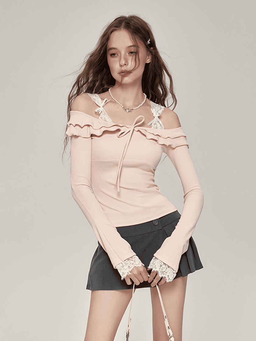 [MESS STUDIO] Sugar Rush Lace Off-Shoulder Top