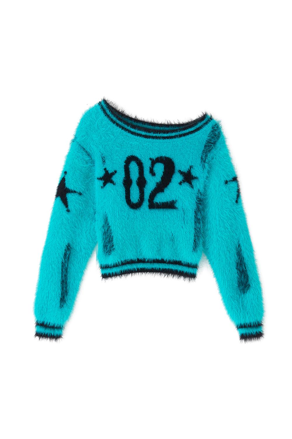 [하이키 서이 착용] 비대칭 넥 숏 스웨터 터콰이즈