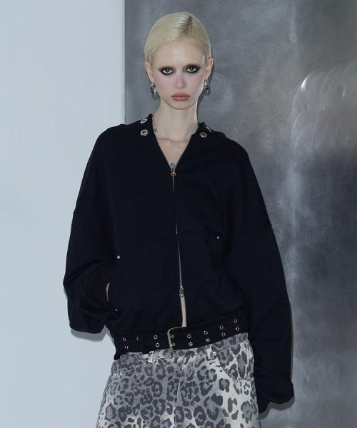 Eyelet Belt Hood Zip-up (BLACK)