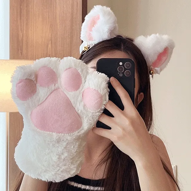 포실포실 캣우먼 코스튬 고양이머리띠 & 냥발 글러브 장갑 파티소품 파티코스튬