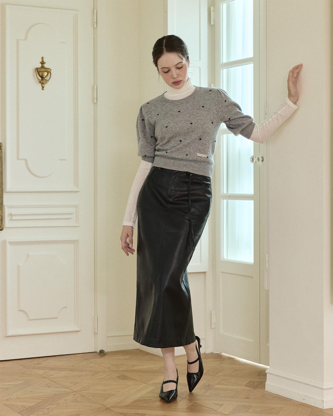 캐시100 퍼프 숏슬리브 니트 - 베이지/그레이