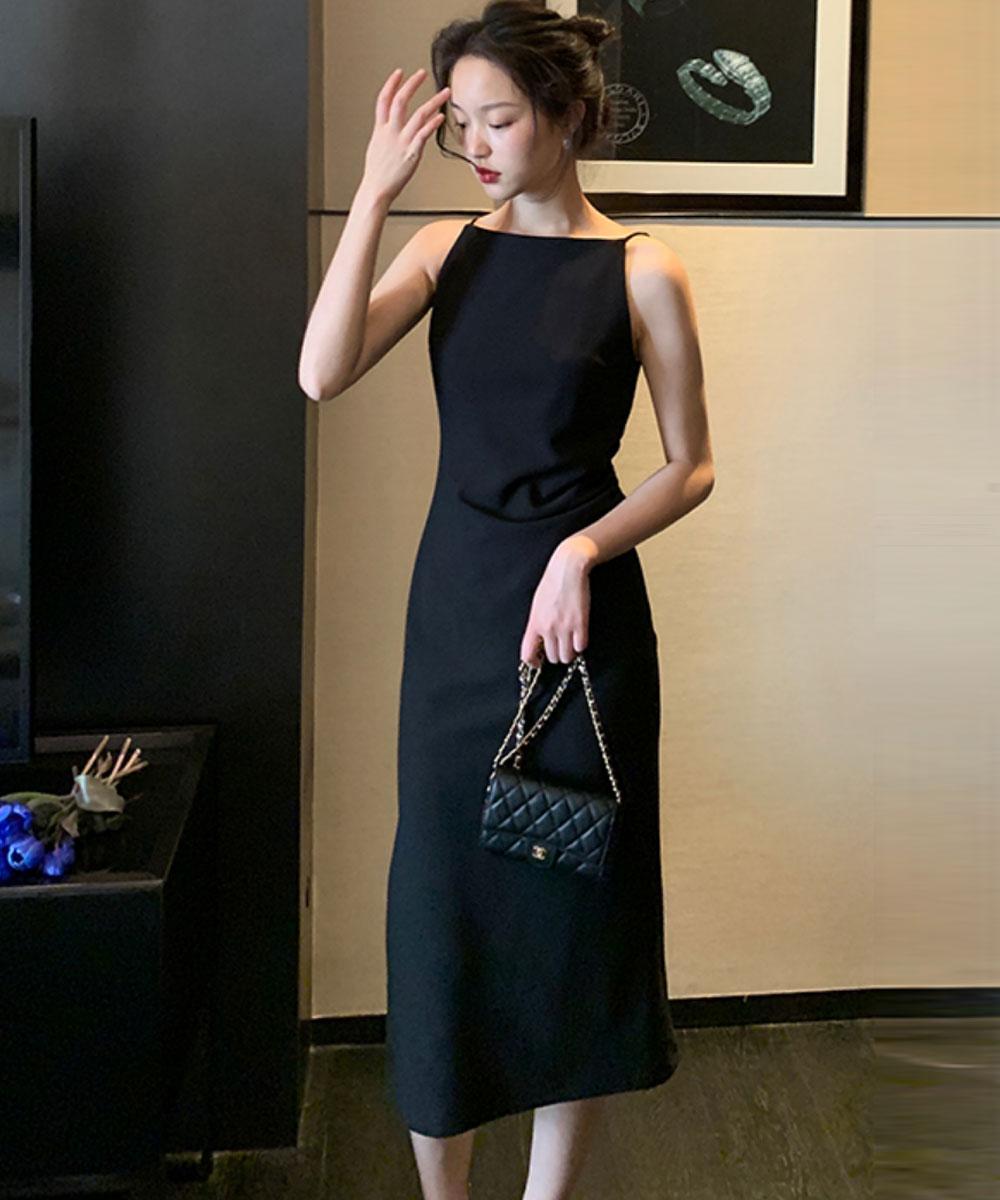 보트넥 슬립 원피스 셀프스냅 바캉스 블랙드레스